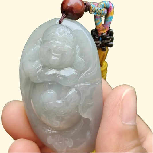 High Quality Light Green Hue Natural Type A Jadeite Jade crafted as Milo Buddha for Pendant, certificate weighs 44.34 grams, measurement 52.6 * 29.6 * 17.5 mm (pendant289) Yi Pin Qian