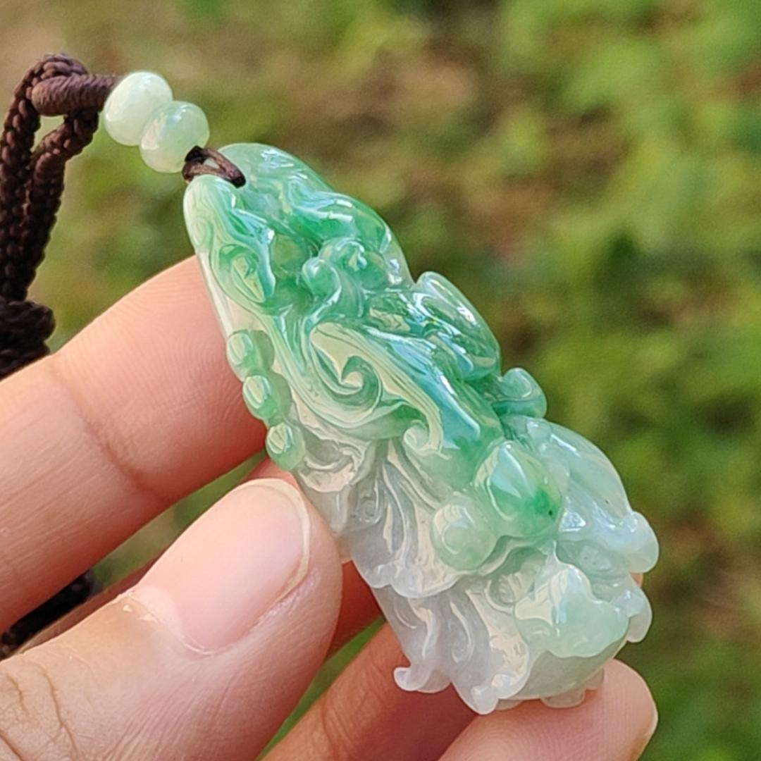 Lots Of Green on this Natural Type A Jadeite Pendant Necklace Crafted as Chinese Cabbage with Ruyi, Symbols of Wealth rolling in, good luck and prosperity, certificate included weigh 15.27 grams, 47.9 * 19.6 * 14.8 mm, (pendant30) Yi Pin Qian
