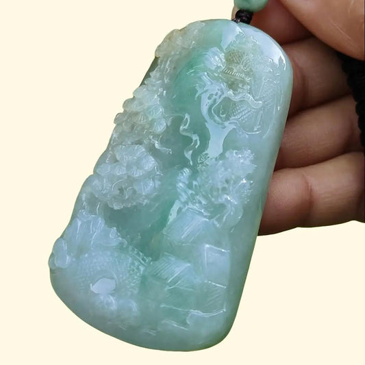 High Quality Light Green with Yellow Natural Type A Jadeite Jade crafted with sceneries as Pendant, certificate weighs 78.02 grams, measurement 66.1 * 40.5 * 13.3 mm (pendant280) Yi Pin Qian