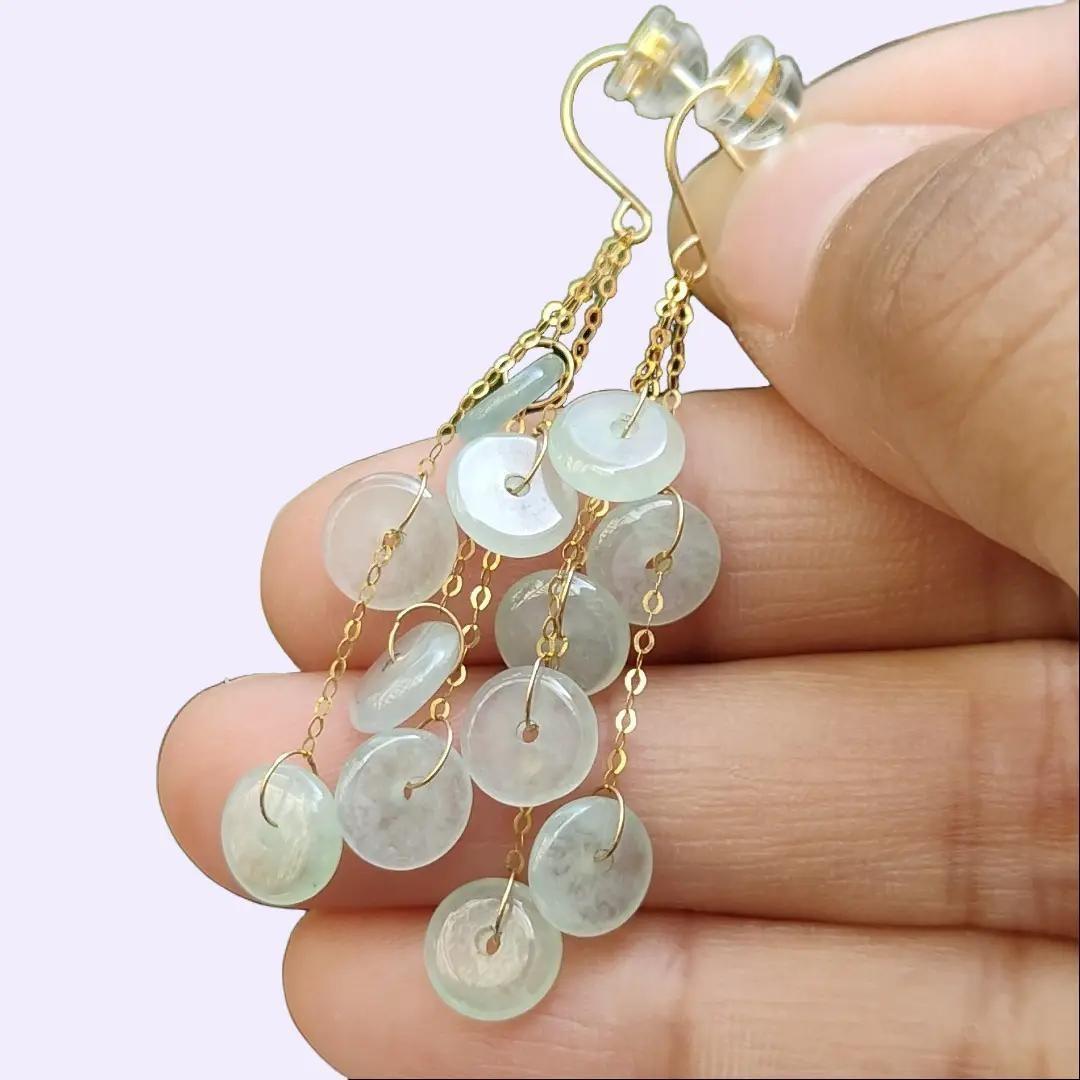 Pair of Hook Earrings set with 18k Gold on 12 Dounut shape Natural Type A Jadeite Jade, certificate weighs 2.84 grams measurement 7 * 2mm (18k04) Yi Pin Qian Jadeites Jade Jewelry ~Your Precious Quintessential ~ Singapore
