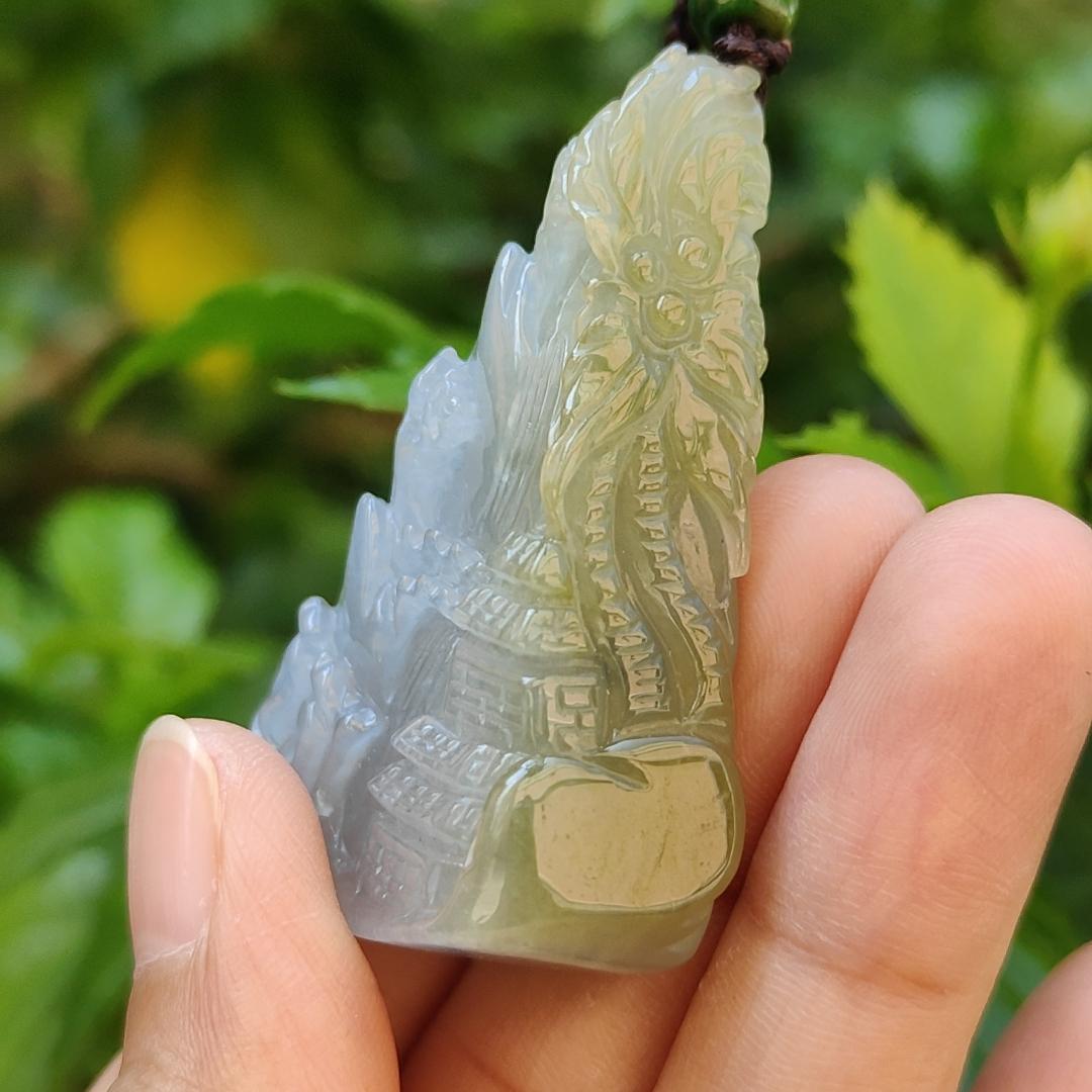 Very Unique and Rare Light Purple with Yellow Natural Type A Jadeite Pendant Crafted with waterfall, moutain, houses and coconut trees, symbols of money, power of life, Extend upwards with certificate weigh 31.55 grams, 49 * 32.3 * 13.5 mm, (pendant70) Yi Pin Qian