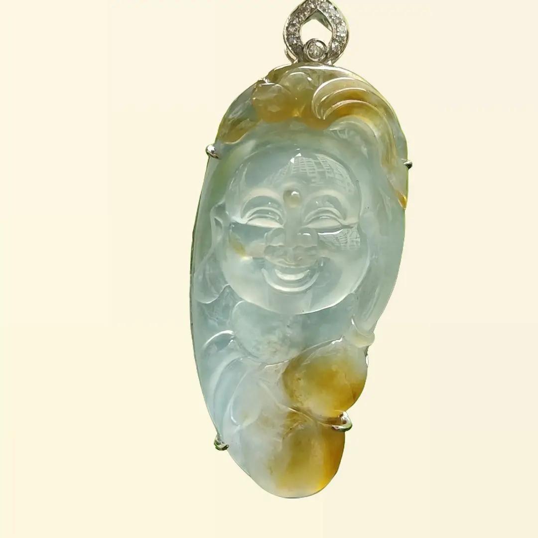 High Quality Icy Yellow Translucent Natural Type A Jadeite Jade crafted as Milo Buddha set with 18k Gold as Pendant, certificate weighs 9.1 grams, measurements 46.1 * 18.7 * 9.5 mm (18kp60) Yi Pin Qian