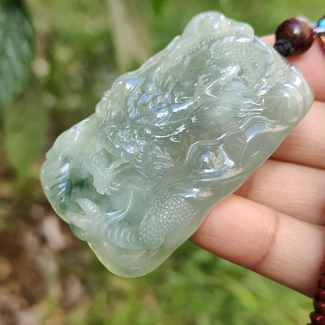 Premium Full Green with Green patches Rare Natural Type A Jadeite Jade Pendant Necklace Crafted as Dragon with certificate weigh 40.07 grams, 53.6 * 36 * 12.3 mm (pendant168) Yi Pin Qian