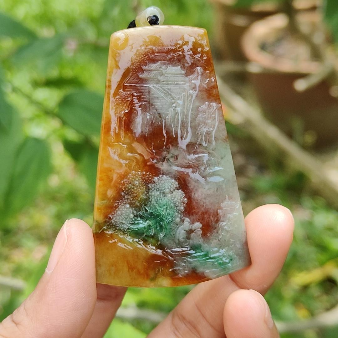 Very Rare Green, Red and Yellow Natural Type A Jadeite Jade Pendant Necklace with Sceneries, certificate included weigh 29.84 grams, measurement 61.6 * 39.7 * 5.8 mm (pendant183) Yi Pin Qian