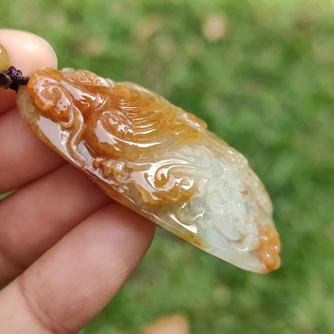 Rare Light Green with Red Natural Type A Jadeite Jade crafted as Phoenix to use as Pendant, certificate weighs 27.45 grams, measurement 52.3 * 28.5 * 12.5 mm (pendant279) Yi Pin Qian