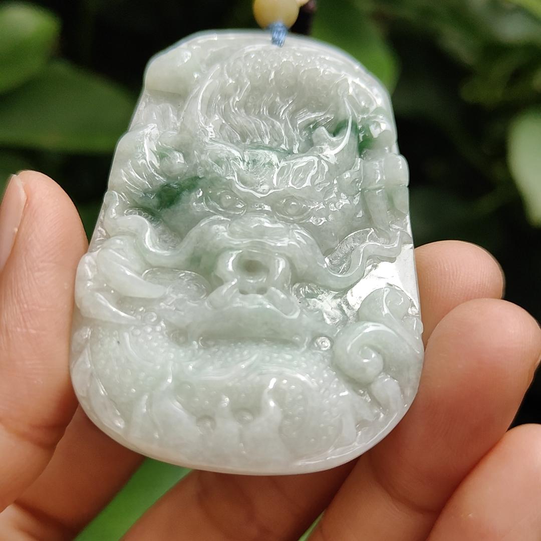 Green Floating Patches rare old-school Natural Type-A Jadeite-Jade crafted with traditional Dragon as Pendant, certificate weighs 34.91 grams, measurement 60.6 * 38.8 * 8.2 mm (pendant302) Yi Pin Qian Jadeites Jade Jewelry ~Your Precious Quintessential ~ Singapore