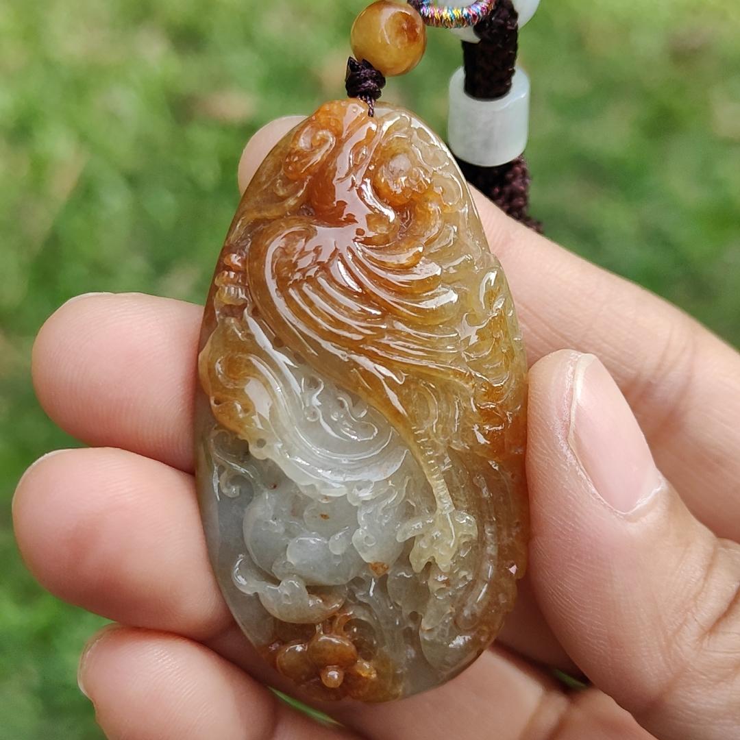 Rare Light Green with Red Natural Type A Jadeite Jade crafted as Phoenix to use as Pendant, certificate weighs 27.45 grams, measurement 52.3 * 28.5 * 12.5 mm (pendant279) Yi Pin Qian