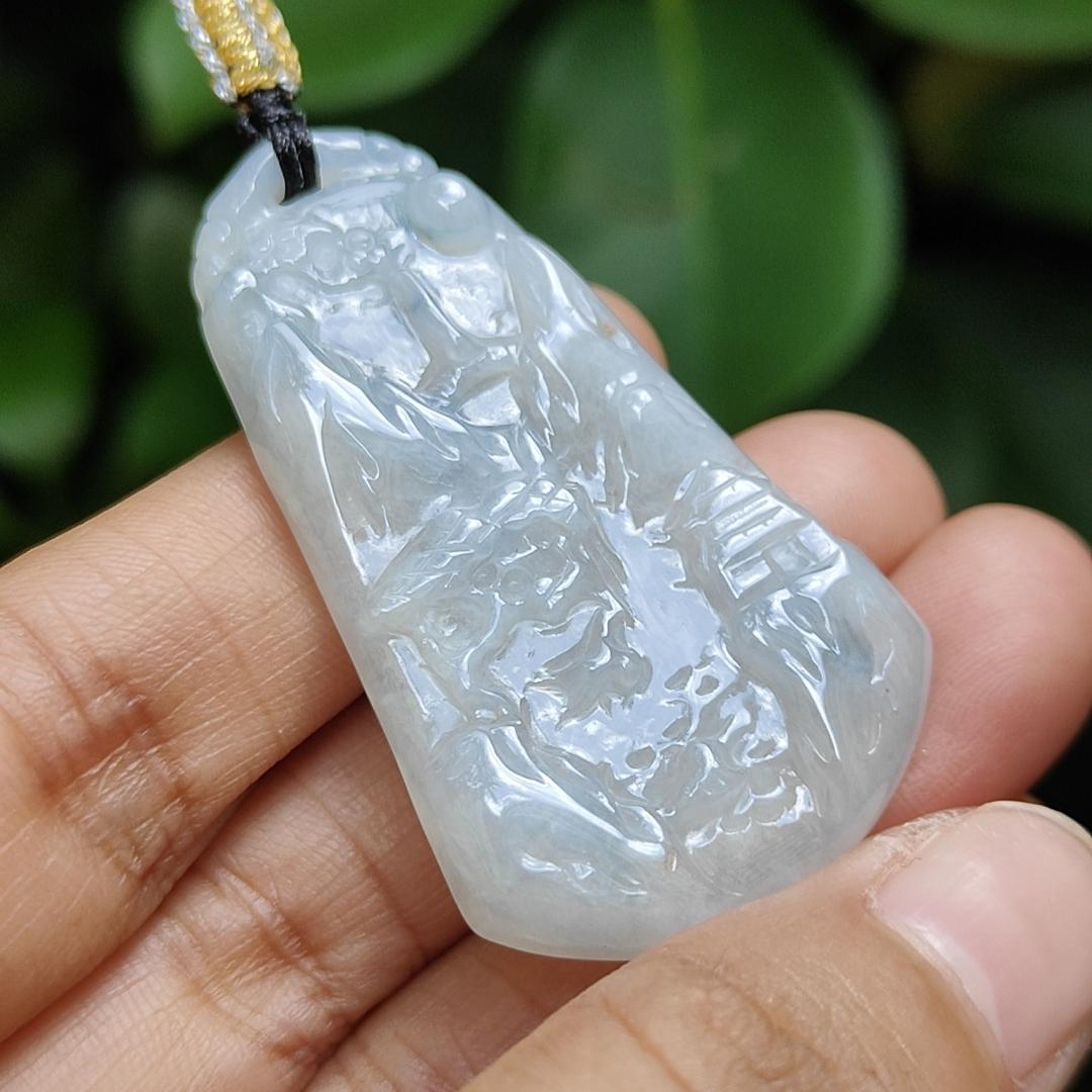 Latest Added SG Seller - Crafted as Scenery on Natural Type A Jadeite Jade, White with Light Green Hue as Pendant, certificate weighs 11.07 grams, measurement 48.3 * 27.9 * 4.8 mm (pendant331) Yi Pin Qian Jadeites Jade Jewelry ~Your Precious Quintessential ~ Singapore