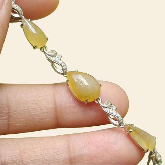 Excellent Yellow Cabochons Semi to Icy Translucent Quality Natural Type A Jadeite Jade as Bracelet set on S925, certificate weighs 3.95 grams, measurement see descriptions(s925b2) Yi Pin Qian