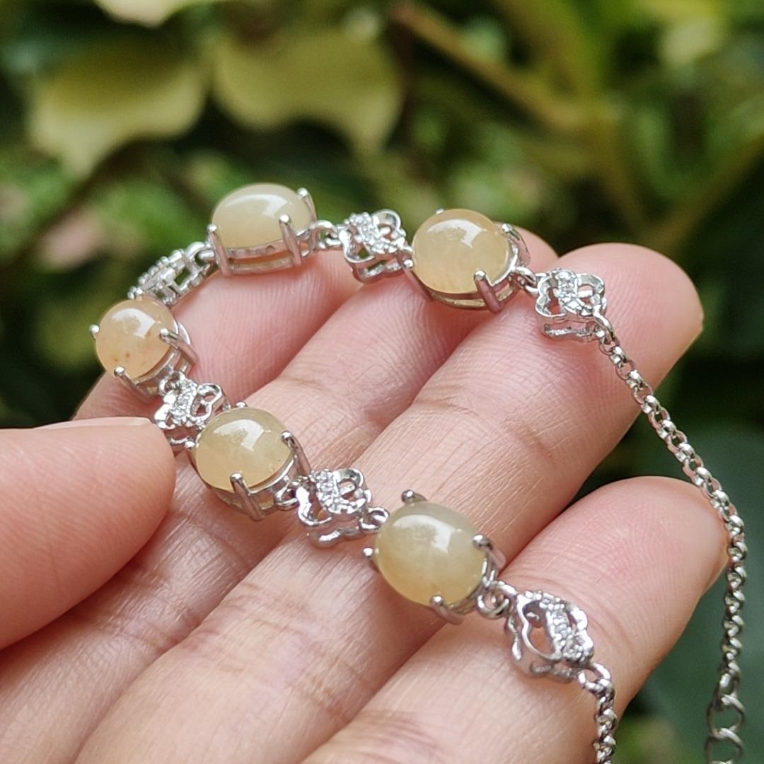 5 Good size Quality Brownish Yellow Cabochons crafted on Natural Type A Jadeite Jade set on S925 as Bracelet certificate weighs 5.43 grams (s925b3) Yi Pin Qian Jadeites Jade Jewelry ~Your Precious Quintessential ~ Singapore