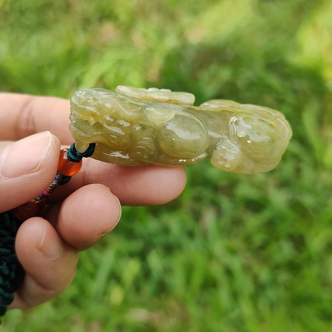 Premium Yellow Natural Type A Jadeite Pendant Necklace Crafted as Pixiu with Ruyi and Coin, certificate included weigh 39.48 grams, measurement 56.8 * 28.8 * 13 mm, suitable for daily wear and collectible (pendant41) Yi Pin Qian