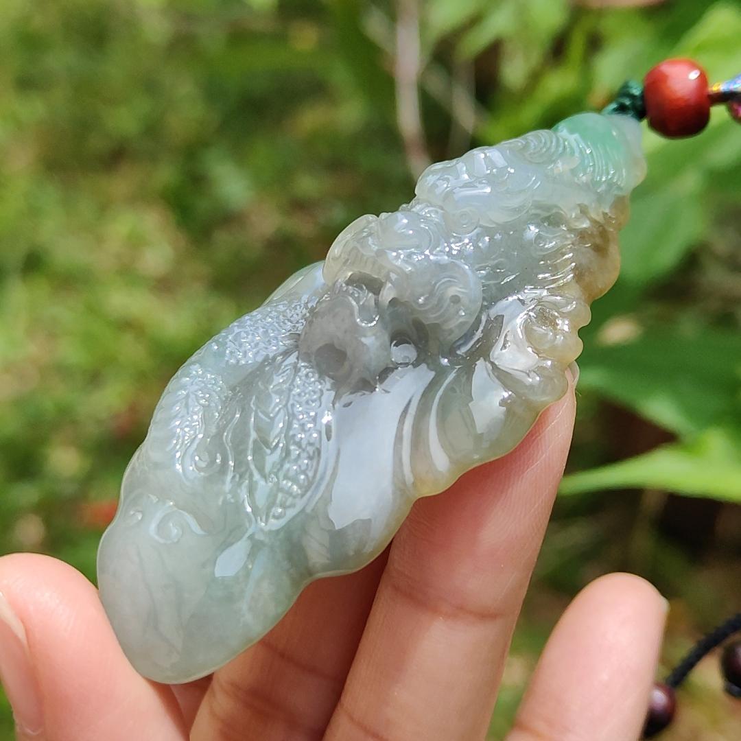Super Rare Hugh Green and Yellow Natural Type A Jadeite Pendant Necklace Crafted with a Domineering Dragon symbols of Rise step by step, rise rapidly, with certificate weigh 44.19 grams, 77.2 * 37.5 * 15.8 mm (pendant25) Yi Pin Qian