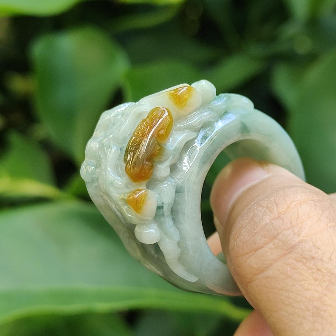 Green Hue Patches and Yellow Natural Type A Jadeite-Jade crafted as Dragon Ring with finger size 20.8mm, certificate weighs 26.8 grams, measurement 39.2 * 31.6 * 15.5 mm (ring12) Yi Pin Qian Jadeites Jade Jewelry ~Your Precious Quintessential ~ Singapore