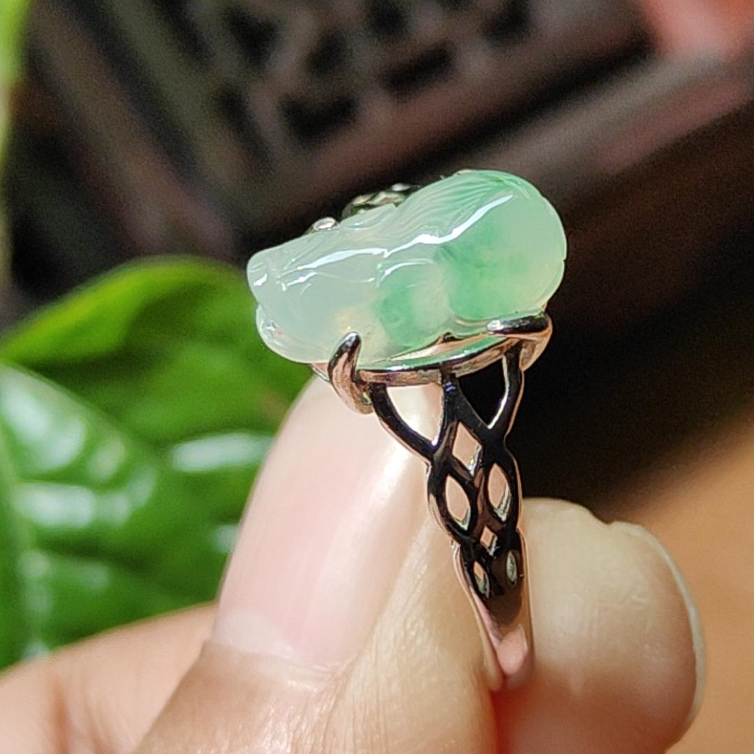 Crafted as Pixiu on Light Green Hue with Light Green Patches Natural Type A Jadeite Jade set with S925 as adjustable ring, certificate weighs 2.01 grams, measurement 11.8 * 5.5 * 3.8 mm (s925ring27) Yi Pin Qian Jadeites Jade Jewelry ~Your Precious Quintessential ~ Singapore