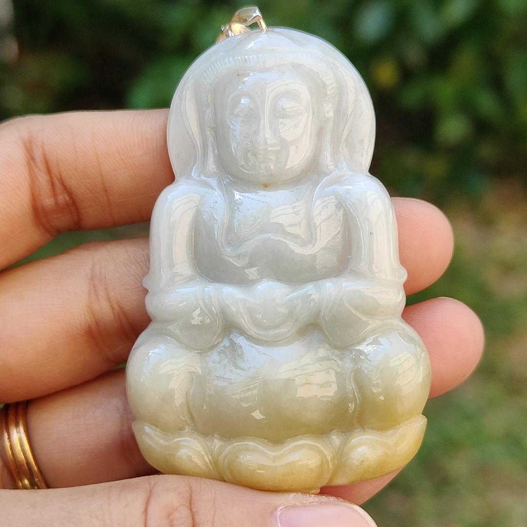 Yellow and White Guanyin Pendant Necklace Natural Type A Jadeite with certificate included weigh 25.08 grams, 59.1 * 38.6 * 7 mm, suitable for your daily wear (pendant6) Yi Pin Qian