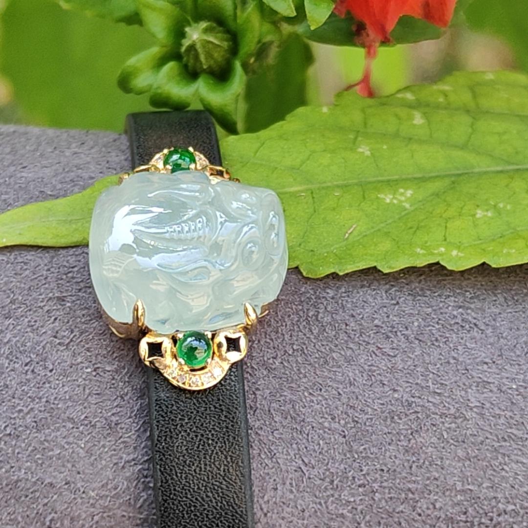 Light Green Hue Natural Type A Jadeite Jade crafted as Pixiu set on 18k Gold with 2 Green Cabochon and diamonds, adding PU wrist band upgraded elegant style bracelet, certificate weigh 4.44 grams, measurement 16.6 * 14.1 * 7.5 mm (18kpw1) Yi Pin Qian