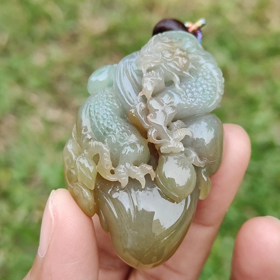 Reddish, Yellow and Green Natural Type A Jadeite Jade Pendant Necklace Crafted with Dragon and Ruyi with certificate weigh 40.57 grams, measurement 53.6 * 34.8 * 15 mm, symbols of Good luck, happiness and health (pendant189) Yi Pin Qian