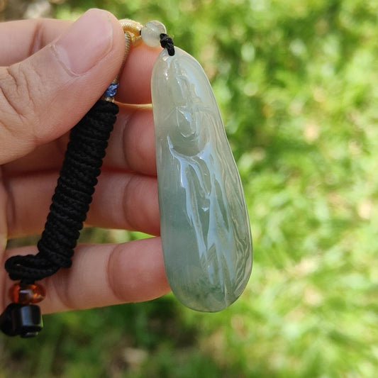 Light Green Natural Type A Jadeite Jade Pendant Necklace crafted with faceless Guanyin with QIC labs approved certificate weigh 11.82 grams, measurement 52 * 17.7 * 5.7 mm (pendant175) Yi Pin Qian