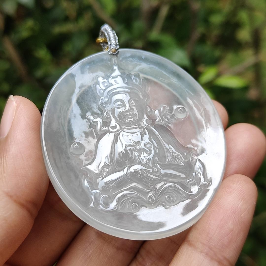 Super Rare ~ Old Collection #2 ~ Crafted as Guanyin Pendant on High Translucent Natural Type A Jadeite Jade certificate weighs 24.35 grams, measurement 52.3 * 46.3 * 4.3 mm (pendant363)