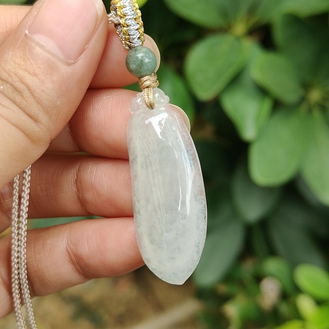 Icy Translucent Natural Burmese Jadeite Jade Crafted as Fuku Melon Pendant with light green hue, certificate weighs 4.82 grams, measurement 36.9 * 13.8 * 5.6 mm (pendant316) Yi Pin Qian Jadeites Jade Jewelry ~Your Precious Quintessential ~ Singapore