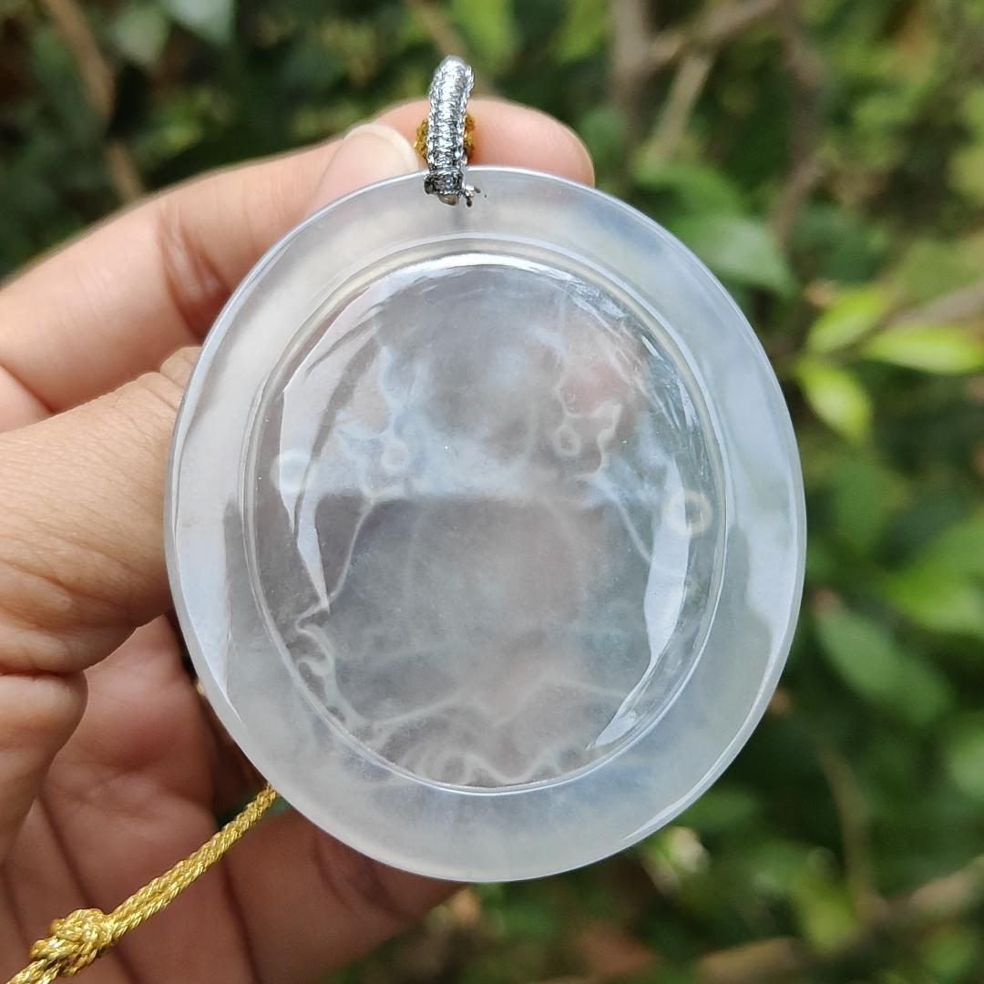 Super Rare ~ Old Collection #2 ~ Crafted as Guanyin Pendant on High Translucent Natural Type A Jadeite Jade certificate weighs 24.35 grams, measurement 52.3 * 46.3 * 4.3 mm (pendant363)