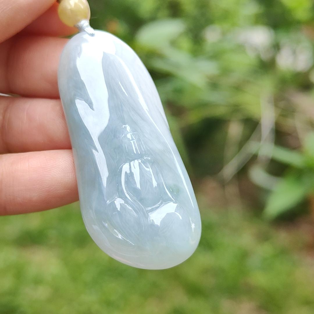 Sky Blue Natural Type A Jadeite pendant with certificate faceless buddha weight 22.44 grams, 50.60 * 23.60 * 9.30 mm suitable for daily wear (pendant123) Yi Pin Qian
