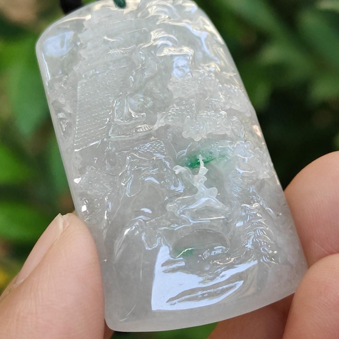 High Quality Good Translucent Light Green with Green Patches Crafted with Scenery Natural Type A Jadeite Jade as Pendant certificate weighs 26.66 grams, measurement 48.1 * 28 * 11.8 (pendant313) Yi Pin Qian Jadeites Jade Jewelry ~Your Precious Quintessential ~ Singapore