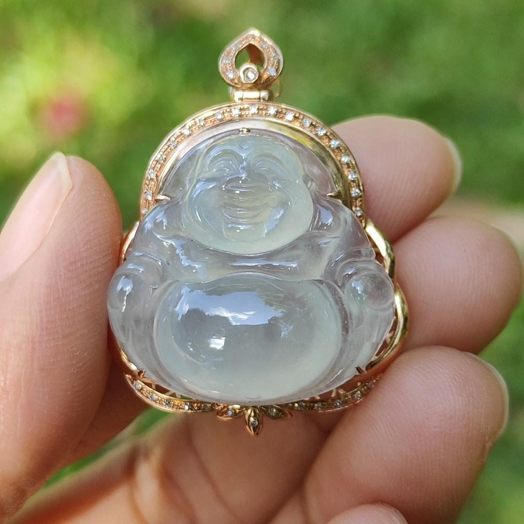 Premium Quality Icy Translucent Natural Type A Jadeite Jade crafted with Milo Buddha Set on 18k Gold as Pendant, certificate weighs 6.48 grams, measurement 34.1 * 26 * 11.6 mm (18kp61) Yi Pin Qian