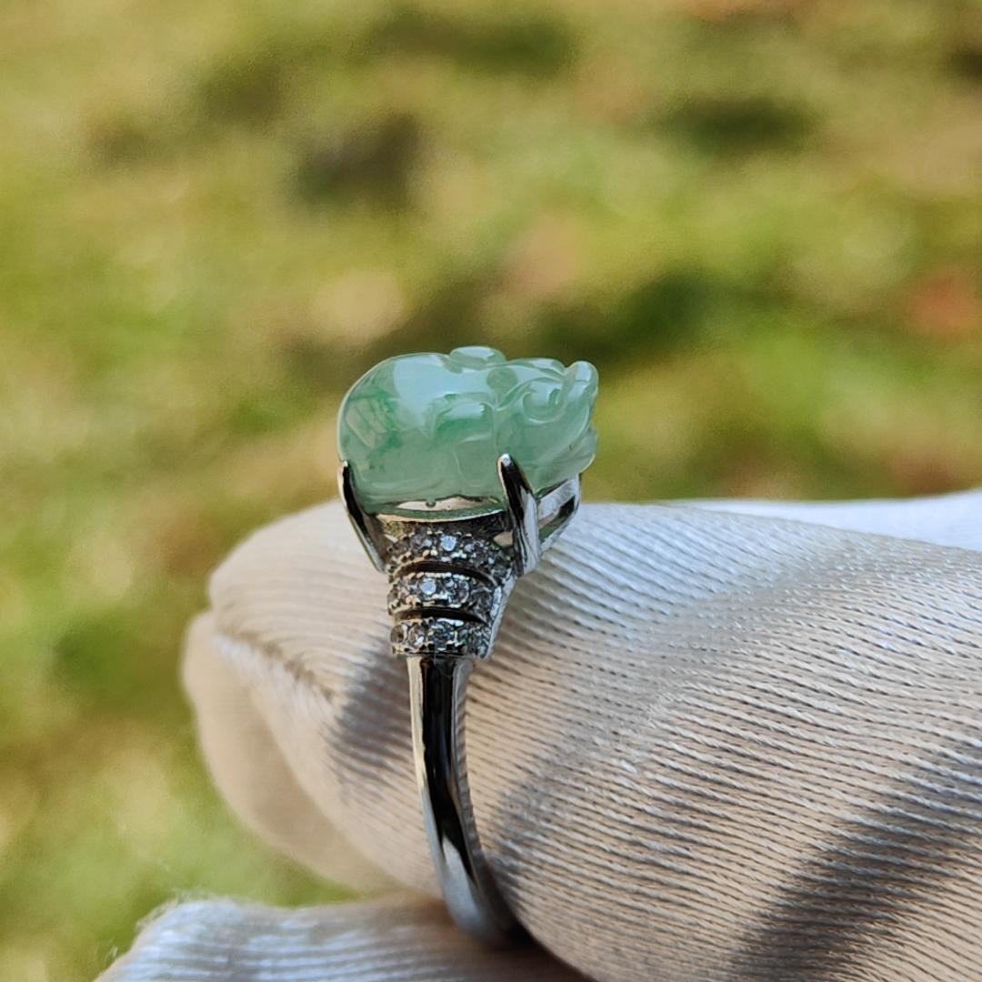 Icy Light Green with green patches Natural Type A Jadeite Jade crafted as Pixiu set on S925 adjustable as Ring with certificate weigh 2.68 grams, measurement 10.5 * 7.7 * 4.6 mm (s925ring7) Yi Pin Qian