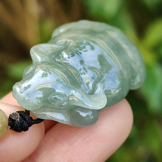 Oil Green Natural Type A Jadeite Pendant carved as water buffalo representing Hardworking and Simple, Unstoppable, Strong and Healthy and Turn the Tide, certificate include weighs 14.56 grams, 34.6 * 23.6 * 11.5 mm, suitable for daily wear (pendant80) Yi Pin Qian