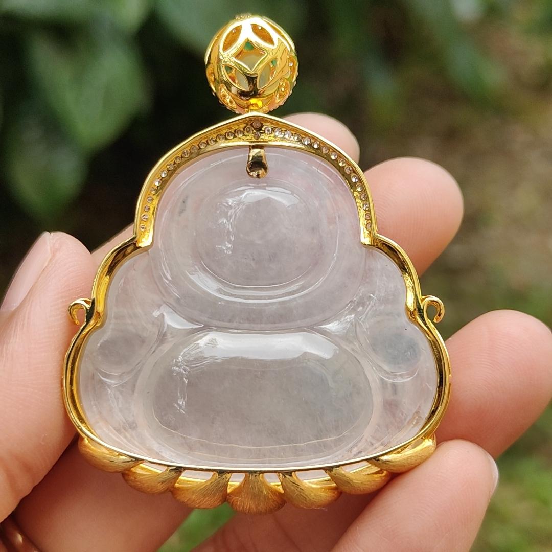 Premium Icy Translucent Natural Type A Jadeite Jade crafted as Milo Buddha set on 18k gold with diamonds as Pendant, certificate weighs 26.07 grams, measurement 38.8 * 40 * 7.2 mm, (18kp41) Yi Pin Qian