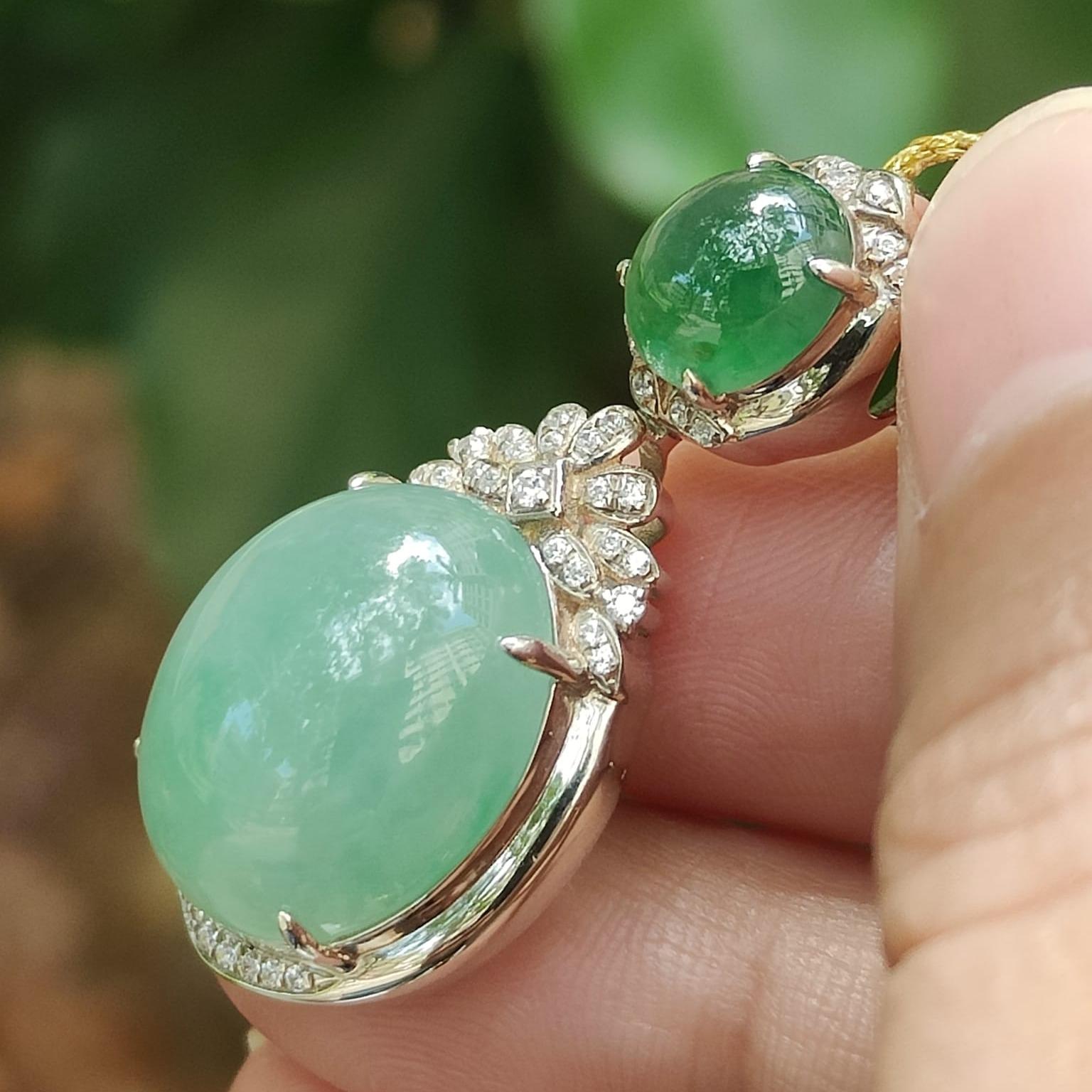 Natural Type A Jadeite Pendant – Icy Emerald & Light Green Cabochons, S925 Silver Setting, Timeless Elegance (s925p6) Yi Pin Qian Jadeites Jade Jewelry ~Your Precious Quintessential ~ Singapore