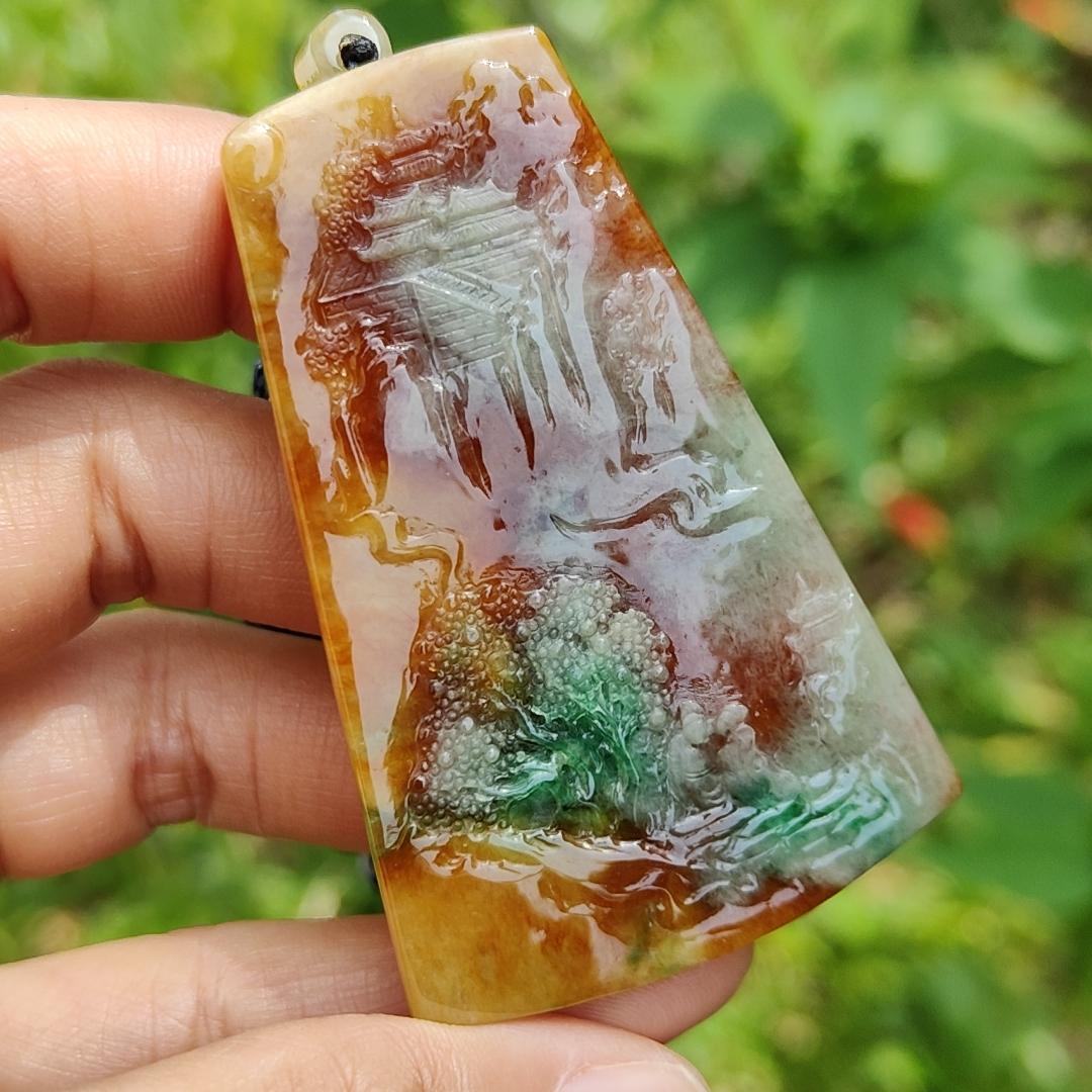 Very Rare Green, Red and Yellow Natural Type A Jadeite Jade Pendant Necklace with Sceneries, certificate included weigh 29.84 grams, measurement 61.6 * 39.7 * 5.8 mm (pendant183) Yi Pin Qian