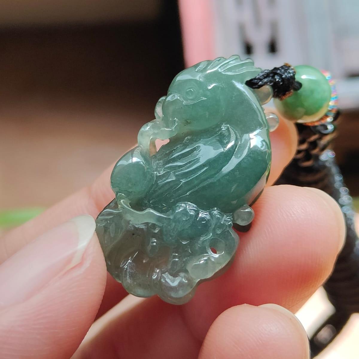 #Sold - Semi Icy Crafted as Parrot on Oil Green Natural Type A Jadeite Jade certificate weighs 6.19 grams, measurement 29.8 * 16.2 * 8 mm (pendant377)