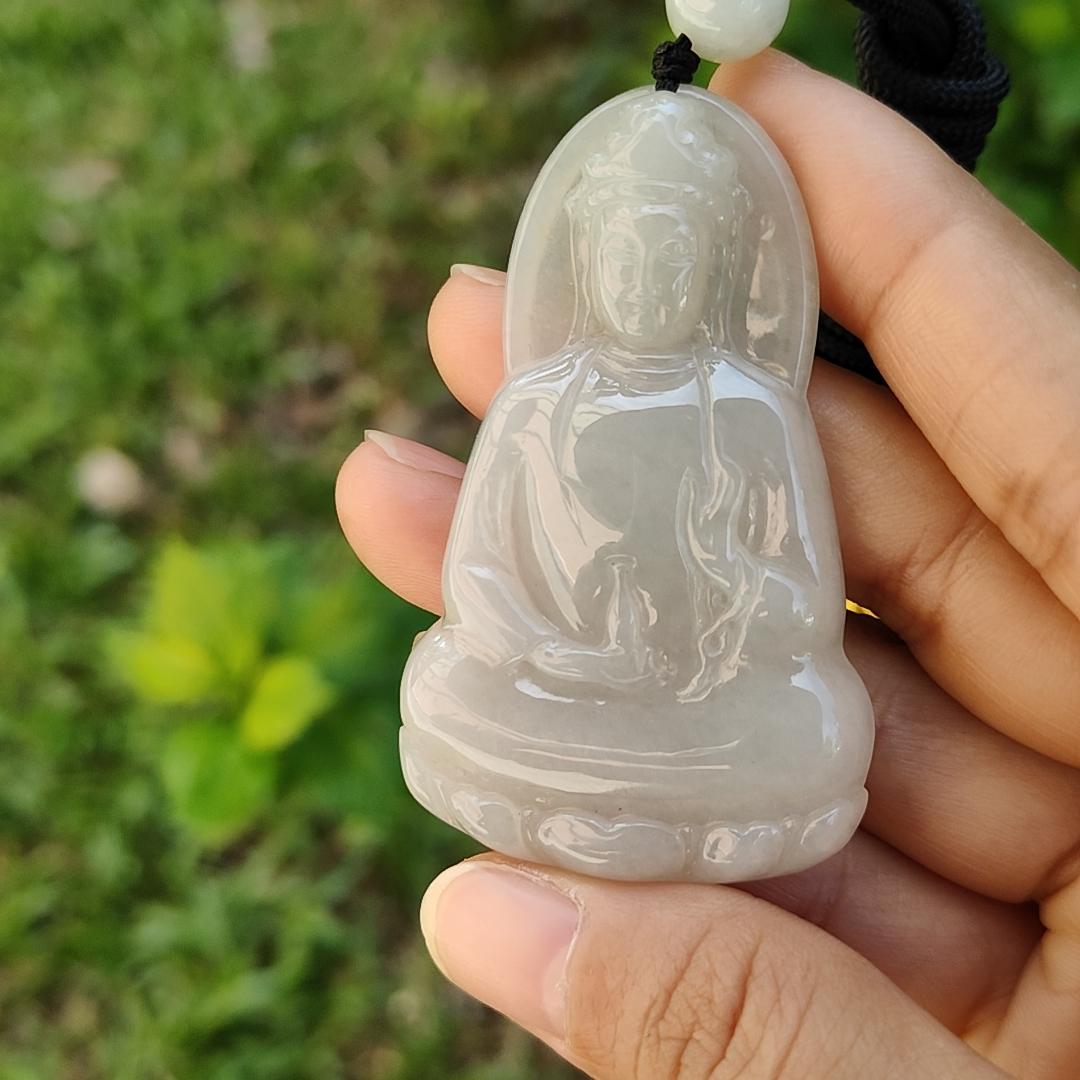 Semi Icy Natural Type A Jadeite Pendant carved as Guanyin with certificate weighs 23.87 grams, 60.3 * 37.1 * 6.2 mm, represents Compassion, wisdom and peace, suitable for daily wear (pendant83) Yi Pin Qian