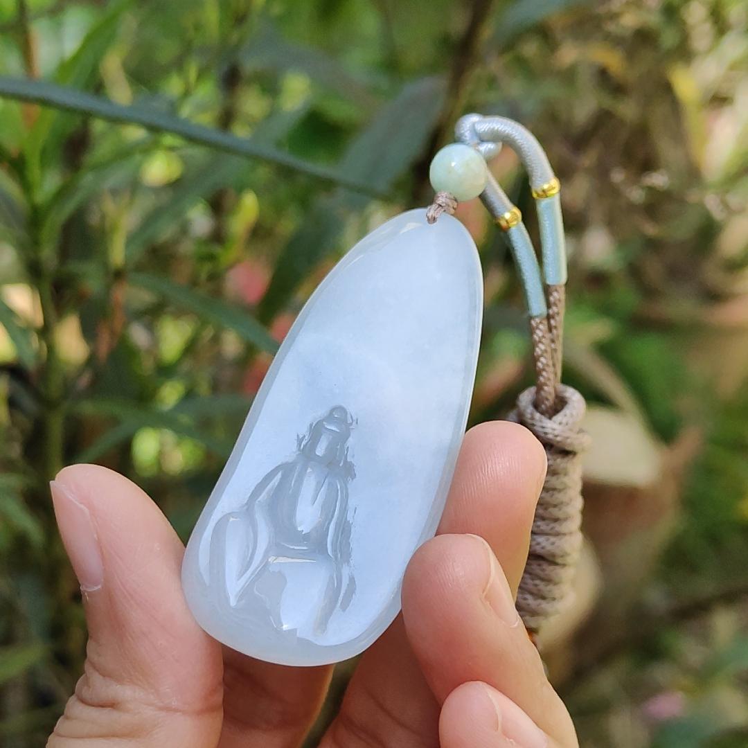 Crafted as the faceless buddha Semi Icy Natural Type A Jadeite Pendant Necklace with certificate weigh 14.03 grams, 58 * 26 * 4.9 mm, suitable for daily wear Yi Pin Qian