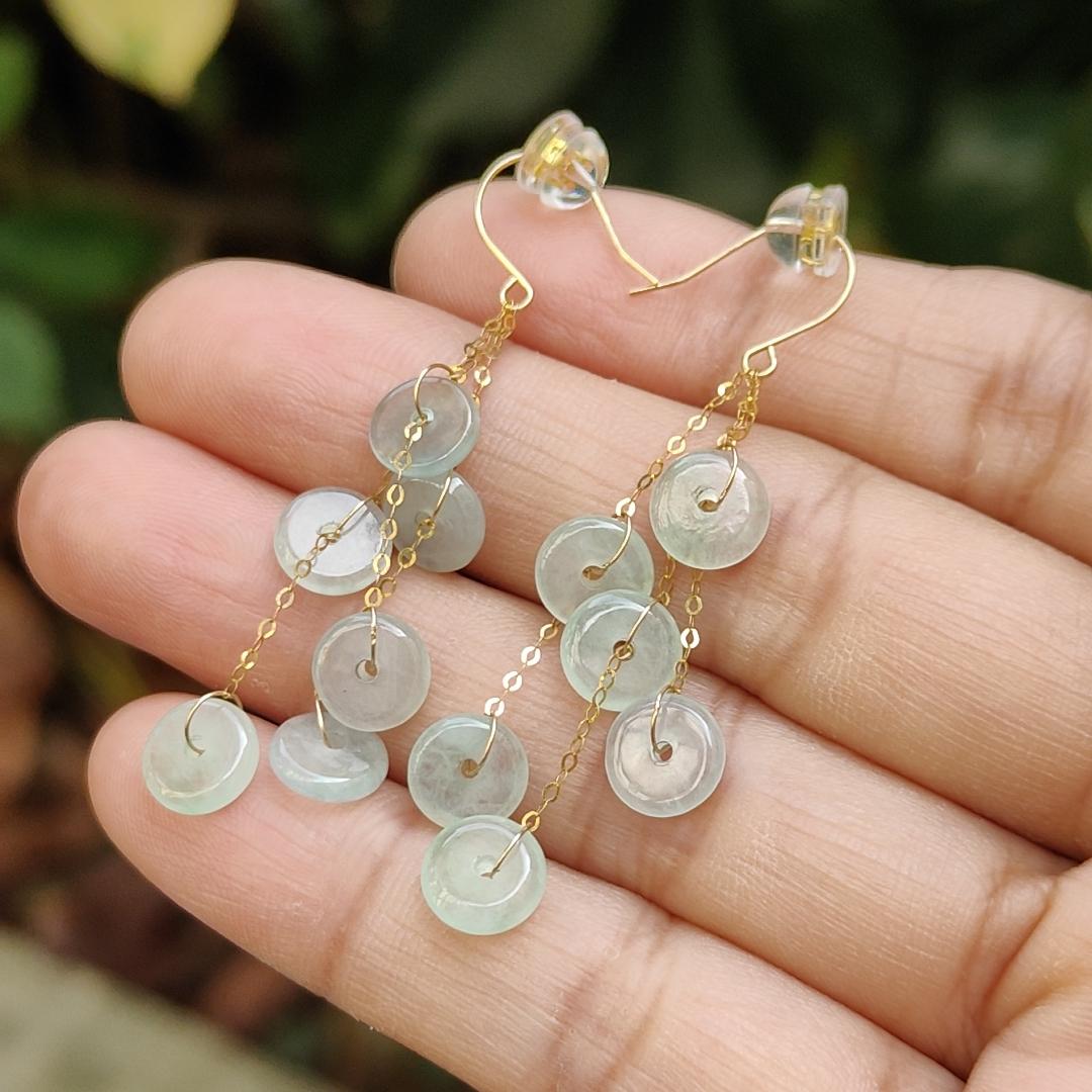 Pair of Hook Earrings set with 18k Gold on 12 Dounut shape Natural Type A Jadeite Jade, certificate weighs 2.84 grams measurement 7 * 2mm (18k04) Yi Pin Qian Jadeites Jade Jewelry ~Your Precious Quintessential ~ Singapore