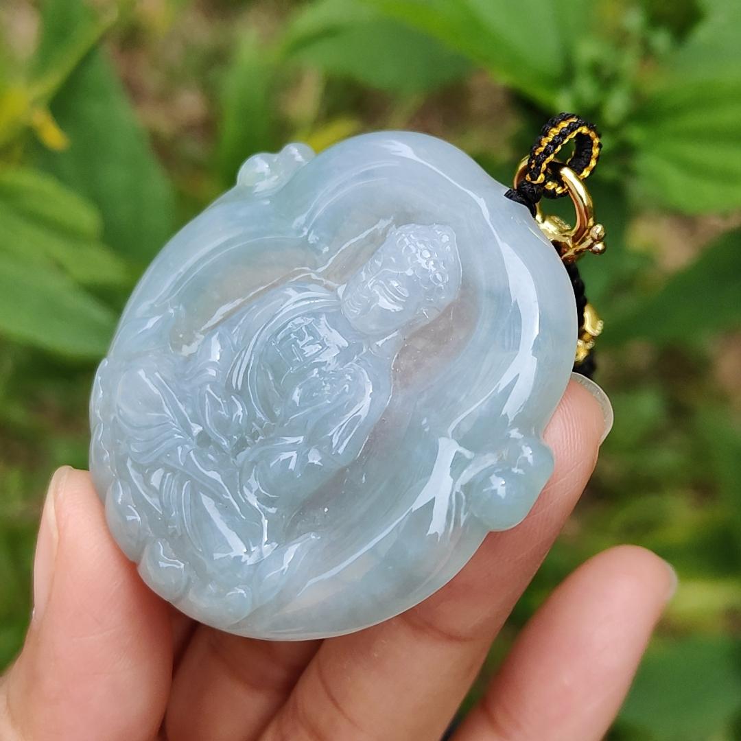 Semi Icy Bluish Green Hue Natural Type A Jadeite Pendant Crafted as Buddha with certificate included weigh 26.65 grams, 48.3 * 48.9 * 7 mm, suitable for daily wear Yi Pin Qian