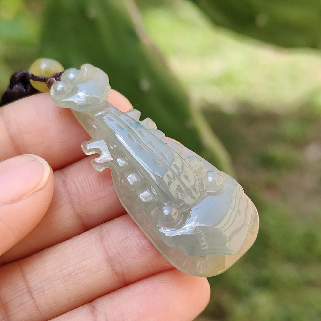 Semi Icy Rare Yellow and Green Natural Type A Jadeite Jade crafted as Ruyi musical instrument pipa as Pendant with certificate weigh 9.08 grams, measurement 45.3 * 18.7 * 6.6 mm (pendant226) Yi Pin Qian