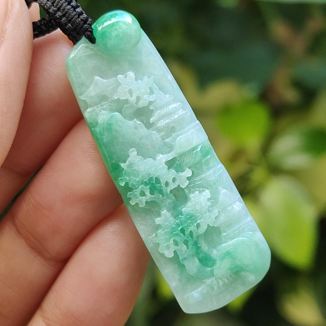Beautiful Pendant crafted with scenery on Natural Type A Jadeite Jade certificate weigh 7.06 grams, measurement 44.2 * 16.1 * 5.3 mm (pendant383) Yi Pin Qian Jadeites Jade Jewelry ~Your Precious Quintessential ~ Singapore