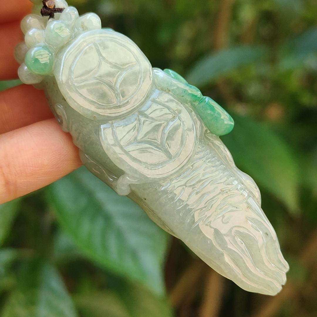 With Green and Light Green Ginseng Ruyi Natural Type A Jadeite pendant come with certificate weight 40.59 grams, 72.30 * 24.80 * 20 mm meaning Auspicious, representing good luck, happiness, joy, and wealth boosting you wearing it (pendant97) Yi Pin Qian