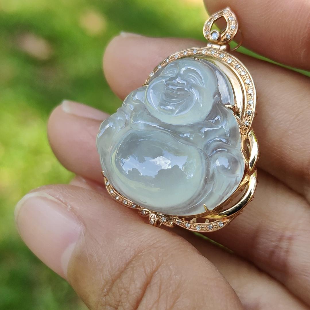 Premium Quality Icy Translucent Natural Type A Jadeite Jade crafted with Milo Buddha Set on 18k Gold as Pendant, certificate weighs 6.48 grams, measurement 34.1 * 26 * 11.6 mm (18kp61) Yi Pin Qian