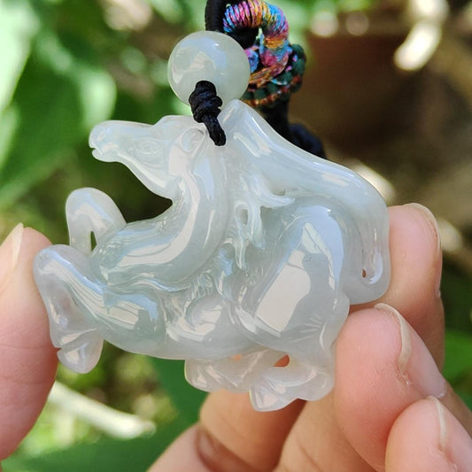 Elegant Round Sculpture Horse crafted with Natural Type A Jadeite Pendant Necklace with certificate included weigh 22.15 grams, 34.5 * 40.8 * 11.6 mm, a rare collector's piece for your daily wear (pendant44) Yi Pin Qian