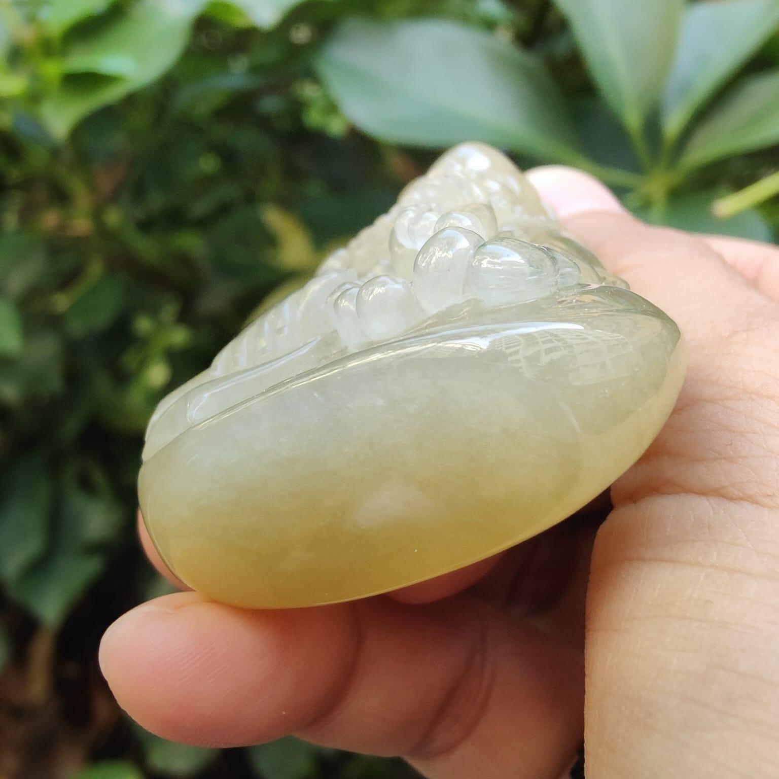 Collector doesn't want to Miss!!! - Super Rare High Premium Icy Yellow with Green patches Bodhidharma Pendant / Display Natural Type A Jadeite Jade certificate weighs 73.89 grams, measurement 61 * 43.6 * 18.5 (pendantdis386) Yi Pin Qian Jadeites Jade Jewelry ~Your Precious Quintessential ~ Singapore