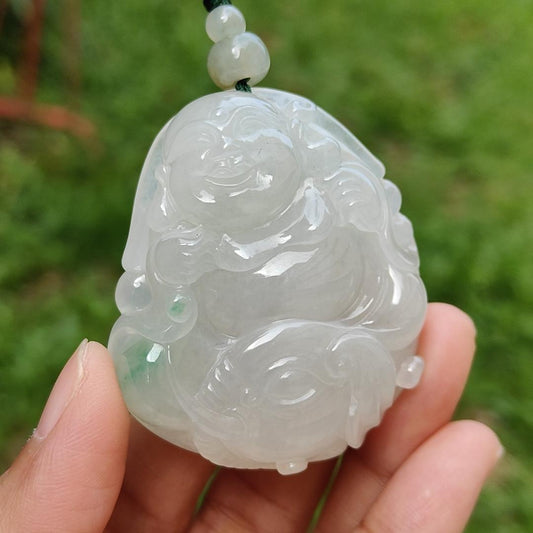 Crafted with Budai Laughing Buddha, Elephant and Ruyi Premium Semi Icy Natural Type A Jadeite with green patches Pendant Necklace with certificate weigh 45.38 grams, 50.5 * 44 * 12.3 mm (pendant160) Yi Pin Qian
