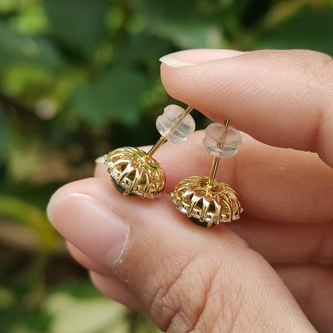Latest New Arrival Premium High-Quality Pair of Green Cabochons Stud Earrings set on 18k gold on Natural Type A Jadeite Jade certificate weighs 2.19 grams (18kp03) Yi Pin Qian Jadeites Jade Jewelry ~Your Precious Quintessential ~ Singapore