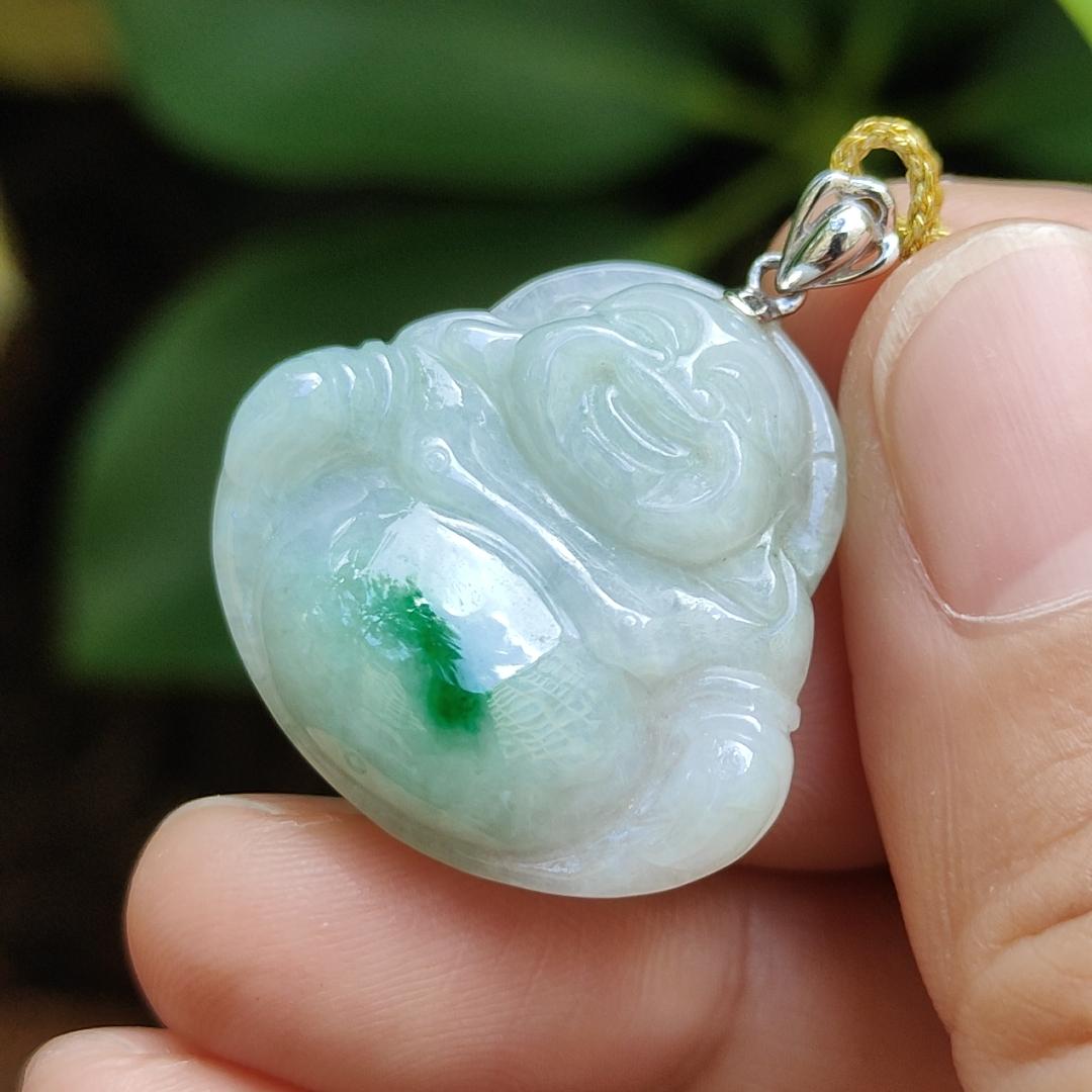 18k Gold Crasp added for Pendant crafted as Milo Buddha with Green Patch Natural Type A Jadeite Jade, certificate weighs 5.01 grams, measurement 24.3 * 25.8 * 5.8 mm (18kp73) Yi Pin Qian Jadeites Jade Jewelry ~Your Precious Quintessential ~ Singapore
