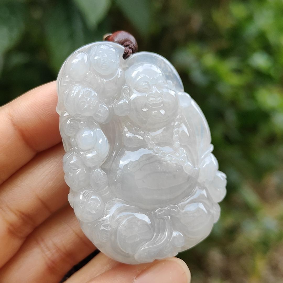 Semi Icy Translucent Natural Type A Jadeite Pendant Necklace Crafted with Milo Buddha with symbols of Be tolerant, smile often, be tolerant and happy, certificate included weigh 45 grams, 54 * 40.5 * 12.3 mm, suitable for daily wear,collection (pendant46) Yi Pin Qian
