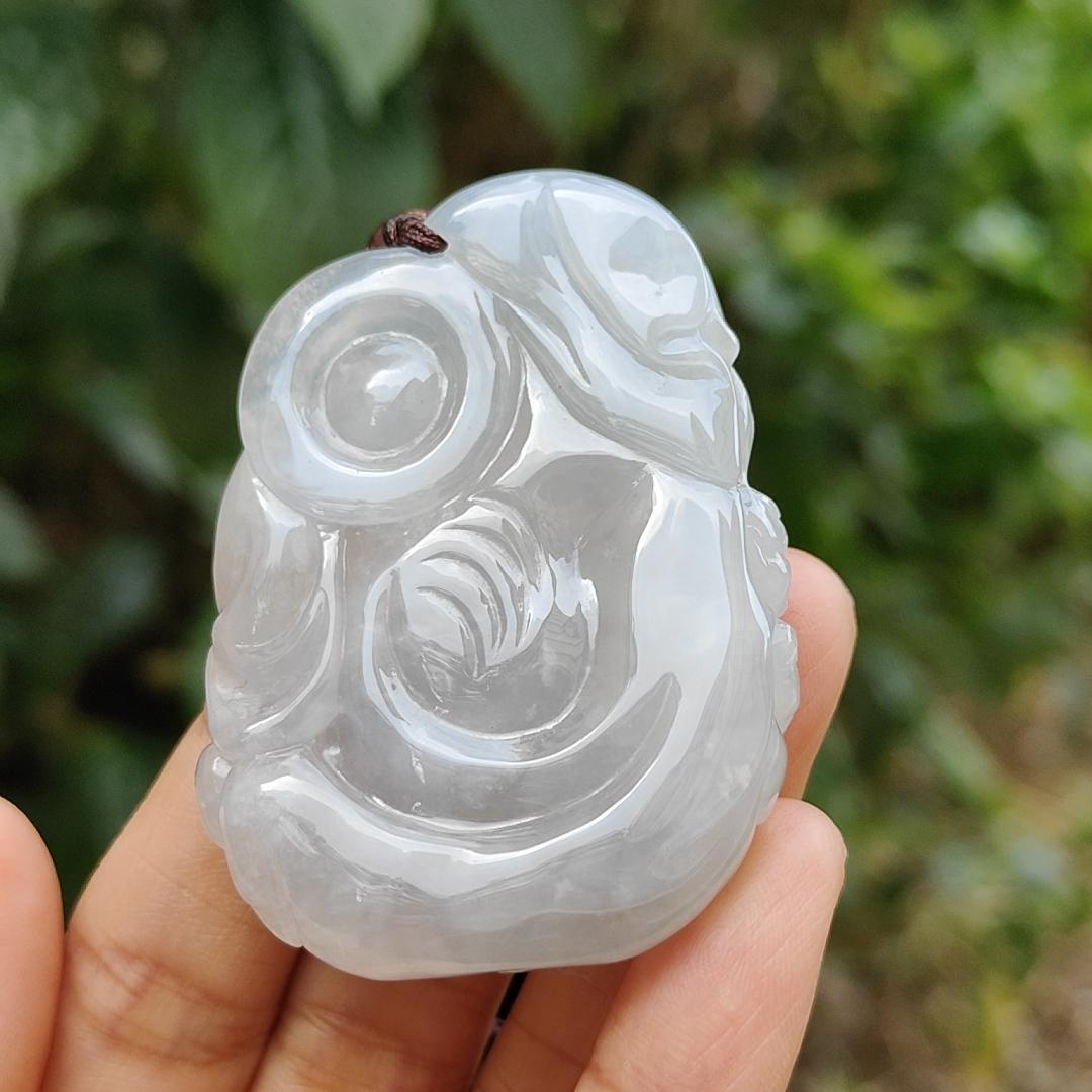 Semi Icy Translucent Natural Type A Jadeite Pendant Necklace Crafted with Milo Buddha with symbols of Be tolerant, smile often, be tolerant and happy, certificate included weigh 45 grams, 54 * 40.5 * 12.3 mm, suitable for daily wear,collection (pendant46) Yi Pin Qian