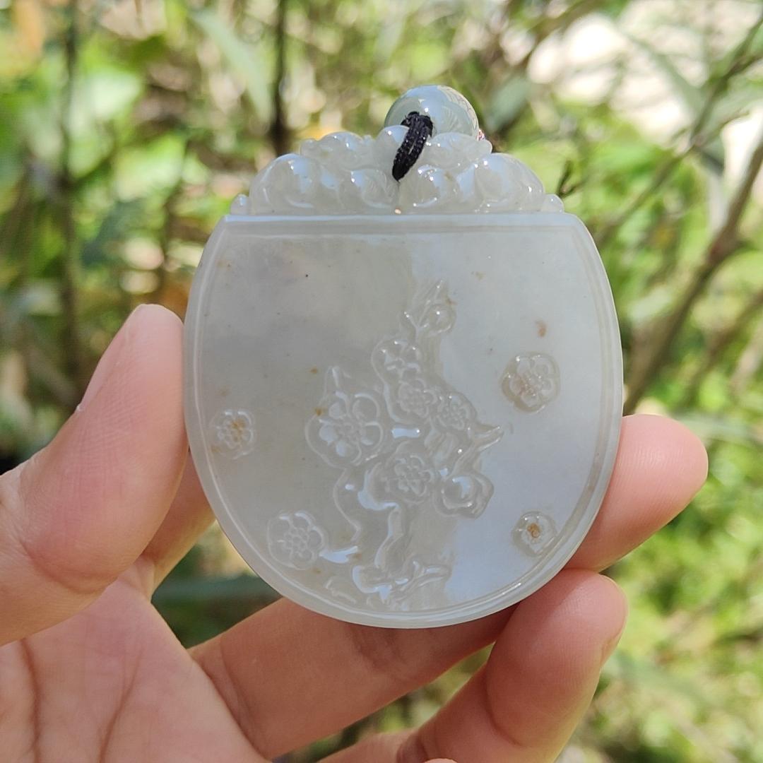 Crafted with Plum Blossoms and Deer Natural Type A Jadeite Pendant Necklace with certificate included weigh 34.14 grams, 54.3 * 47.5 * 5.6 mm,symbols of Good fortune, beauty and happiness (pendant105) Yi Pin Qian